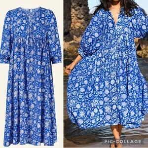 New Loose Oversized Flowy Dress Floral Boho Viscose Blue White Lantern Sleeve